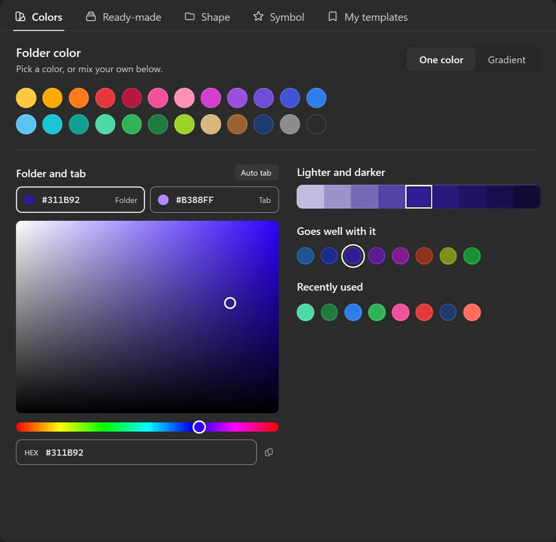 The Colors tab in FolderHue with the palette and the color picker